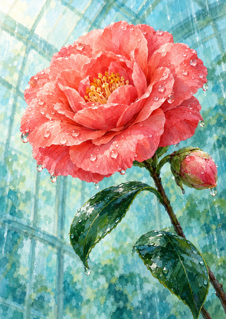 Large coral-pink camellia with water droplets, a smaller bud, and glossy green leaves against a pale turquoise background.