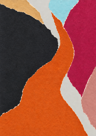 An abstract paper-like composition of burnt-orange, charcoal and magenta shapes with pale cyan and grey accents.