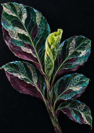 Fan of patterned jade, turquoise and plum leaves with a bright lime-green unfurling leaf against a near-black background.