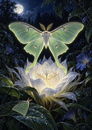 Pale green moth hovering over a glowing white flower in a dark garden, with a smaller moth on a leaf and a moon above.