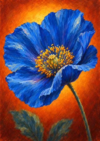 Large cobalt-blue poppy-like bloom with a golden-yellow center against burnt orange, with curved green stem and soft leaves.