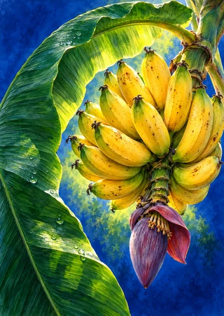 Golden bananas hang beneath a curling green leaf, with a violet-red blossom against a saturated blue background.