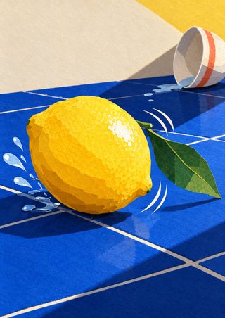 Large yellow lemon with a green leaf on a blue tiled counter, with water droplets, motion accents, and a tipped white bowl.
