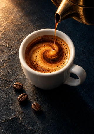 White espresso cup with a swirling crema spiral as coffee pours from a cropped brass kettle, with three beans on a dark counter.