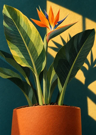 Bird-of-paradise plant with broad green leaves in a burnt-orange planter, lit by a sharp golden rectangle against a deep teal wall.