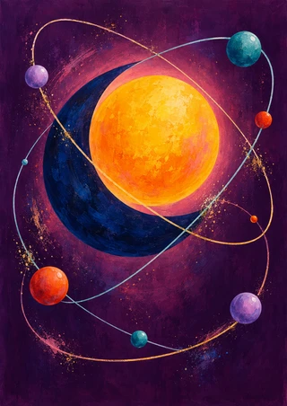 Glowing orange-yellow disk and dark blue crescent surrounded by elliptical paths and colored spheres on plum.
