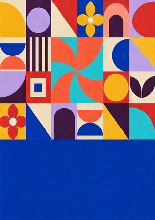 Colorful geometric tile grid with a large turquoise-and-coral pinwheel and broad cobalt band at the bottom.