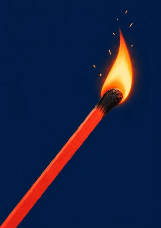 A red-orange match runs diagonally up from the lower-left edge to a charred head with a tall yellow-orange flame and sparse sparks against navy.