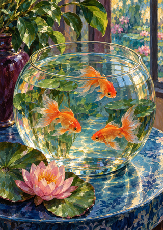 Three orange fish swim in a large clear bowl beside a pink water lily, with leafy plants and a garden-like view behind them.