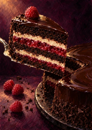 Glossy chocolate layer cake with a slice lifted on a metal server, showing cream and raspberry filling against a deep plum background.