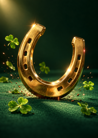 Upright polished brass horseshoe on a green felt-like surface, with scattered clovers, copper sparks and a warm spotlight.