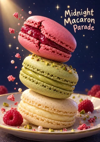 Three stacked raspberry, pistachio, and vanilla macarons with title lettering on a midnight-indigo background.