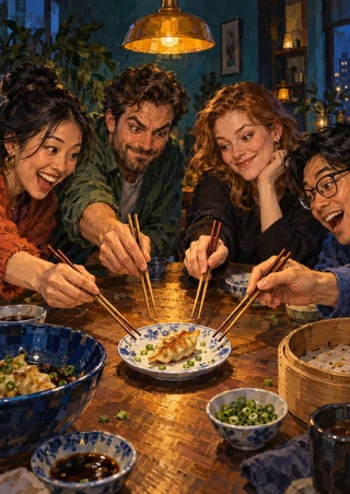 Four adults reach with chopsticks toward a shared plate of dumplings at a warmly lit table with blue-and-white dishes.
