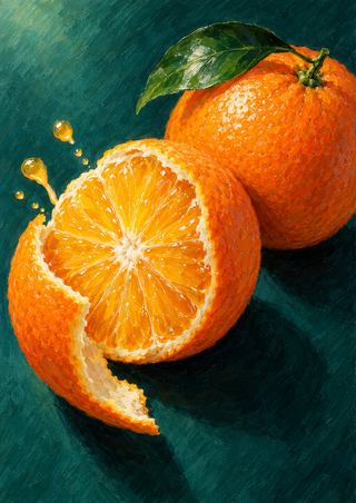 A large cut-open orange with exposed segments in front of a whole orange, with a green leaf and droplets against a dark teal-green background.