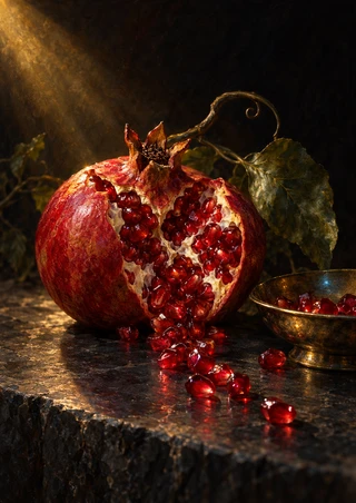 Split pomegranate with exposed ruby seeds spilling across a dark stone surface, with a curled vine, leaf and metal dish in amber light.