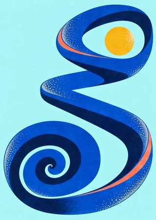 Cobalt ribbon-like band forming a large spiral and upper loop around a golden sun on a pale aqua background.