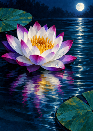 A white water lily with fuchsia and violet petal tips floats on dark teal water beneath a bright moon reflection.