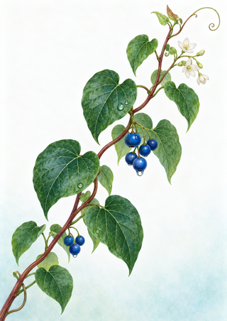 Diagonal climbing vine with green heart-shaped leaves, cobalt-blue berries, pale blossoms, and curling tendrils on a light background.