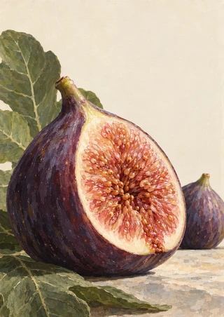 Close-up painterly still life of a cut fig showing its seeded pink-and-amber interior, with a whole fig and green leaves behind it.