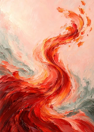 Abstract portrait painting of a sweeping red-orange curl against pale pink and muted gray-green brushwork.