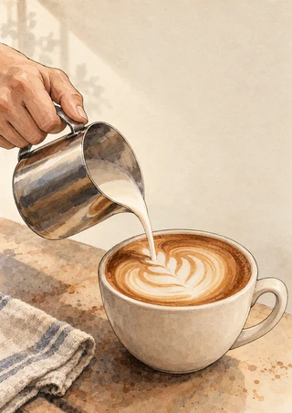 Illustration of a hand pouring milk from a metal pitcher into a ceramic cup of espresso with pale latte art; a striped towel rests nearby.
