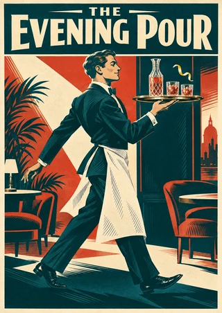 Retro poster with ivory “THE EVENING POUR” lettering above a teal-clad server carrying a tray with a faceted carafe and two glasses, with a lemon twist in the air.