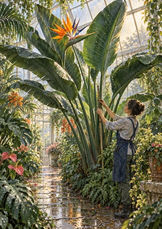 Gardener in an indigo apron tending a tall stem beside a giant bird-of-paradise plant in a glasshouse after rain.
