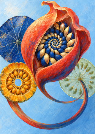Coral-red opened pod with blue and gold spiral seeds, looping stem, and surrounding blue, orange, and mint discs.