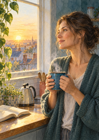Adult woman holding a blue mug beside a sunny kitchen window, with a kettle, open book, leafy plant, and sunrise rooftops.
