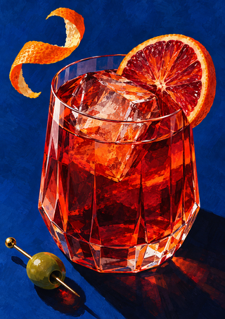 Faceted glass of ruby-red drink with angular ice, blood-orange half, curling orange peel, and green olive on a pick against blue.