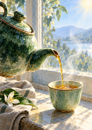 Green glazed teapot pouring amber tea into a small cup on a sunlit windowsill, with rising steam, folded cloth, white blossom, and a blue landscape beyond the window.