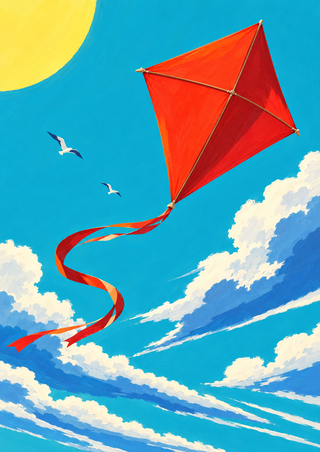 Vermilion diamond kite with crossed spars and a long S-curving ribbon tail against a turquoise sky, with two birds, cloud bands, and a partly cropped yellow sun.