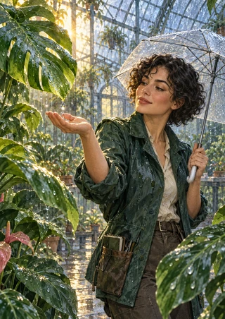 Curly-haired woman in a dark green jacket holding a clear umbrella and extending an open hand beneath a large wet monstera leaf in a sunlit glasshouse.