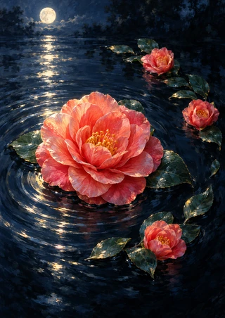Large coral-pink camellia-like flower with smaller blossoms and glossy leaves on a dark pond beneath a full moon.