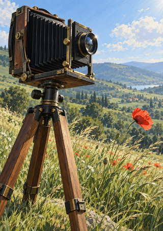 A large-format bellows camera on a wooden tripod stands beside a red poppy, with rolling green hills, distant buildings, and a pale-blue cloudy sky.