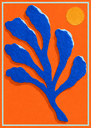Ultramarine branching coral-like form against a vivid orange ground, framed by a pale aqua inset with a small golden disc.