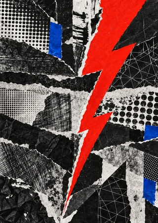 Vermilion lightning-bolt shape dividing a dense black, white, and gray torn-paper collage with small blue rectangles.