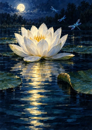 Open white water lily and broad lily pads on a dark moonlit pond, with three blue dragonflies and a golden reflection.