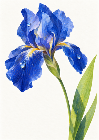 Open blue iris with three visible water droplets, a slender green stem, and sword-shaped leaves on a light background.