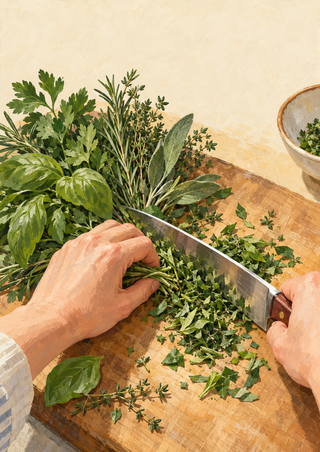 Hands chopping a mixed bundle of leafy herbs with a broad knife on a wooden board, with scattered greens and a partial bowl.