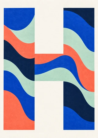 A large abstract capital H made from ultramarine, coral, mint and navy panels filled with curved bands on warm white.
