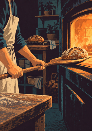 Baker guiding a loaf on a wooden peel toward a glowing open oven, with another loaf cooling on a rack.