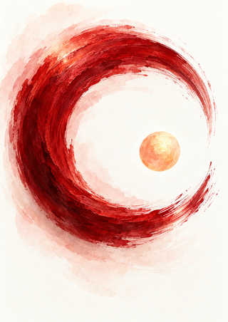 Open carmine-red circular brushstroke surrounding a small apricot-colored disc on a warm off-white ground.