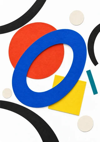 Cobalt-blue oval ring overlapping a vermilion disk and yellow square, with black arcs, ivory circles, and a teal bar on white.