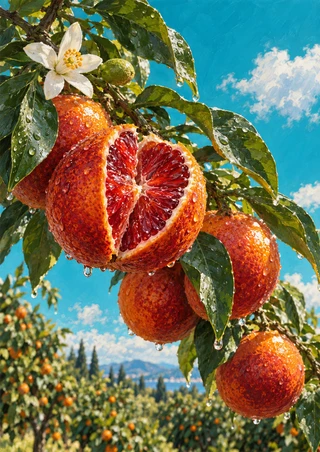 Branch of orange-red citrus with a cut red-fleshed fruit, glossy wet leaves, a white blossom, green bud, turquoise sky, and distant orchard.