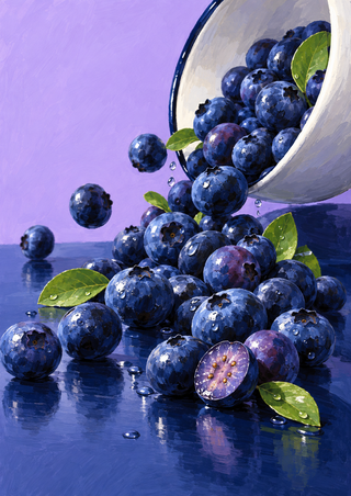 A tipped white enamel bowl spills blueberries, leaves, and droplets across a reflective dark-blue surface; a cut berry sits in front.