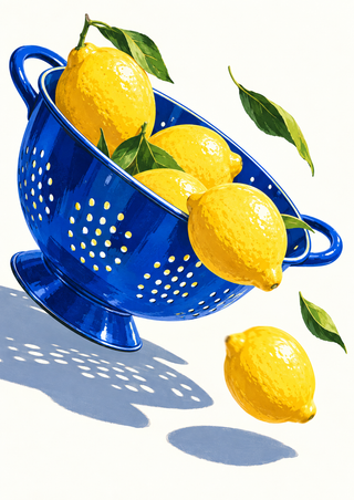 A cobalt-blue perforated colander with yellow lemons and green leaves casts crisp shadows on a warm-white ground.