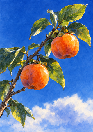 Two orange persimmons on a leafy branch crossing a cobalt-blue sky above a pale cloud.