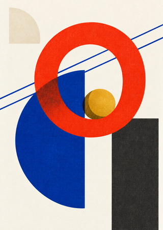 Abstract geometric poster with a vermilion ring, blue curved form, gold sphere, cobalt lines, charcoal slab, and pale quarter-circle.
