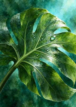 Oversized glossy green monstera leaf with branching veins and bright water droplets against a mottled turquoise and teal background.